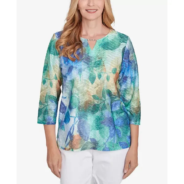 Alfred Dunner Petite Classics Watercolor Leaves Knit Top, Multi Green, Size PS