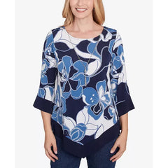 Alfred Dunner Petite Classics Abstract Bold Floral Patchwork Top with Necklace, Navy