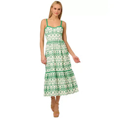 Adrianna Papell Women's Cotton Eyelet Midi Dress for Breezy and Elegant Summer Style, White/green