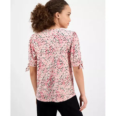Anne Klein Petite Tie Cuff Front Pleated Printed Top, Stylish and Elegant Women's Top