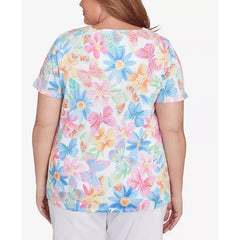 Alfred Dunner Plus Size Spring Butterfly Crew Neck Top, Multi Pink