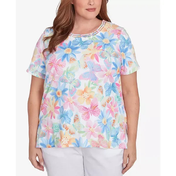Alfred Dunner Plus Size Spring Butterfly Crew Neck Top, Multi Pink