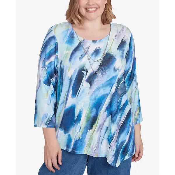 Alfred Dunner Plus Size Classic Diagonal Brushstroke Top with Necklace, Navy Multi, Size 1X
