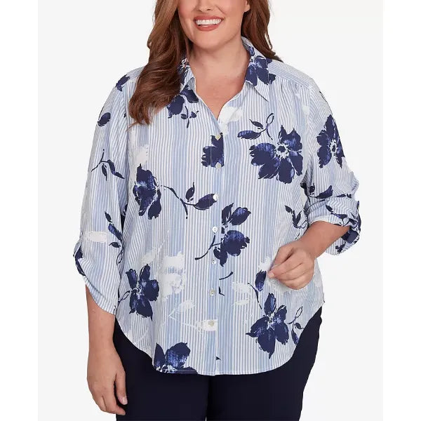 Alfred Dunner Plus Size Classic Striped Flower Button Front Tie Sleeves Blouse, Navy