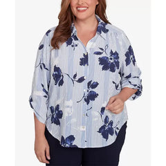 Alfred Dunner Plus Size Classic Striped Flower Button Front Tie Sleeves Blouse, Navy
