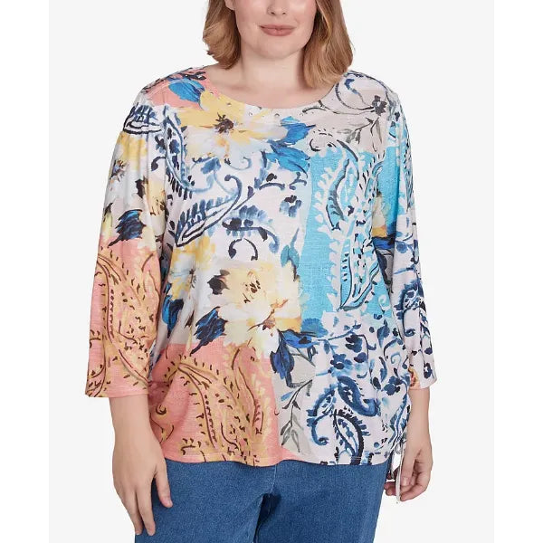 Alfred Dunner Plus Size Classic Floral Patch Drawstring Top , Navy Multi