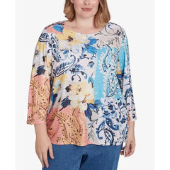 Alfred Dunner Plus Size Classic Floral Patch Drawstring Top , Navy Multi