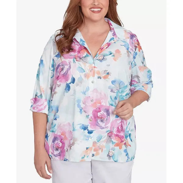 Alfred Dunner Plus Size Classic Floral Watercolor Button Down Top, Iris