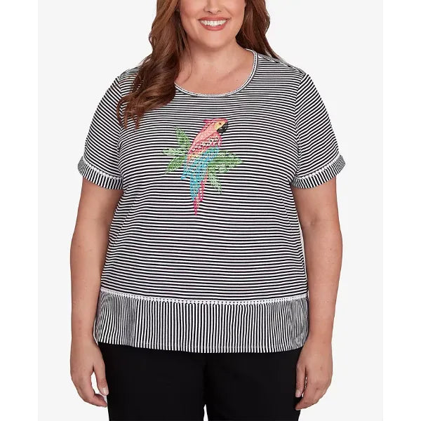 Alfred Dunner Plus Size Classic Crew Neck Parrot Striped Top, Black