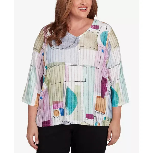 Alfred Dunner Plus Size Classic Geometric V-Neck Three Quarter Sleeves Top, Neutral Multi, Size 1X