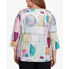 Alfred Dunner Plus Size Classic Geometric V-Neck Three Quarter Sleeves Top, Neutral Multi, Size 1X