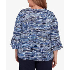 Alfred Dunner Plus Size Classic Beaded Split Neck Feathers Top, Navy