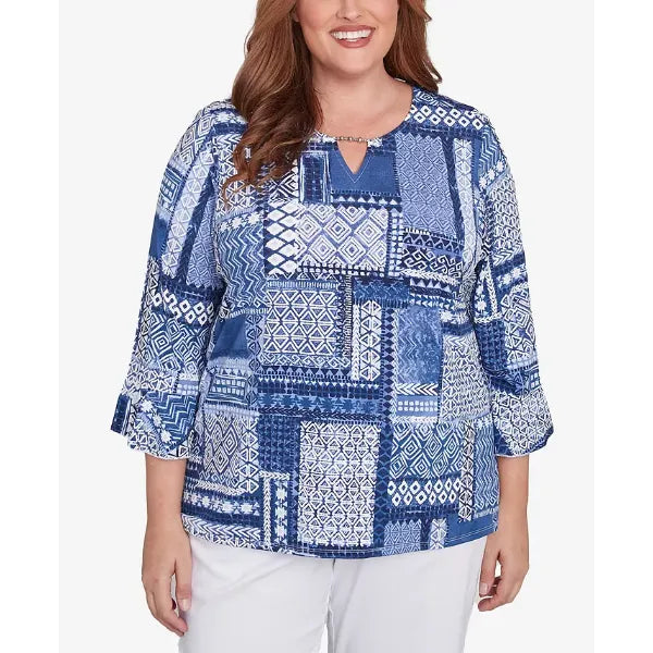 Alfred Dunner Plus Size Classic Beaded Split Neck Patchwork Top, Denim