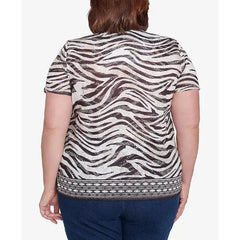 Alfred Dunner Plus Size Beaded Split Neck Animal Print Top, Black/Tan