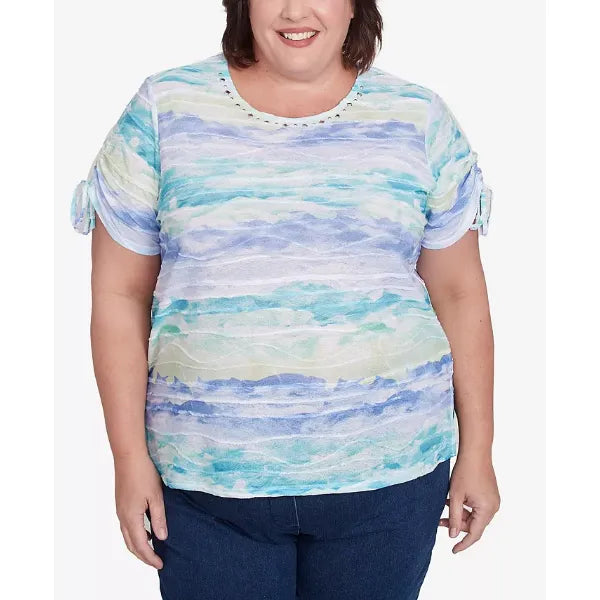 Alfred Dunner Plus Size Tied Short Sleeves Watercolor Top, Blue