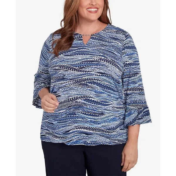 Alfred Dunner Plus Size Classic Beaded Split Neck Feathers Top, Navy