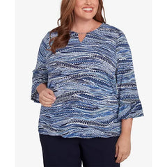 Alfred Dunner Plus Size Classic Beaded Split Neck Feathers Top, Navy