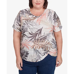 Alfred Dunner Plus Size Warm Palm Tree Short Sleeves Top, Neutral