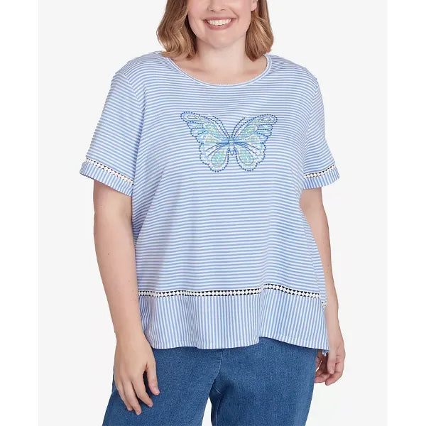 Alfred Dunner Plus Size Classic Striped Butterfly Short Sleeves Top, Iris, Size 1X