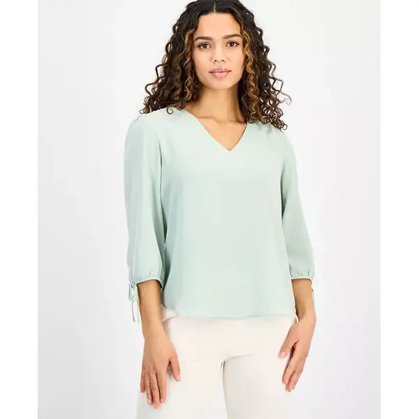 Anne Klein Petite V Neck Tie Sleeve Top, Stylish Comfortable Womens Blouse, Soft Aloe