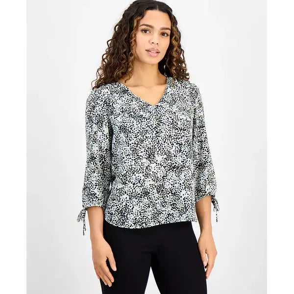 Anne Klein Petite Printed V Neck Tie Sleeve Top, Chic Stylish Womens Blouse