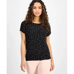 Anne Klein Petite Short Sleeve Scoop Neck Floral Top, Feminine and Comfortable Everyday Style, Anne Black Multi