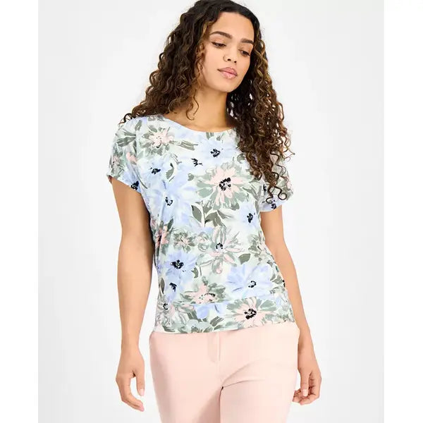 Anne Klein Petite Short Sleeve Dot Print Top, Stylish Comfortable Womens Blouse, Soft Aloe Multi