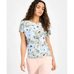 Anne Klein Petite Short Sleeve Dot Print Top, Stylish Comfortable Womens Blouse, Soft Aloe Multi