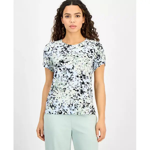 Anne Klein Petite Printed Tulip Sleeve Scoop Neck Top, Stylish Women's Top, Skyway Multi