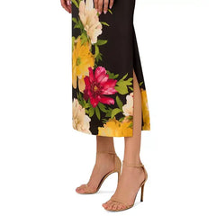 Adrianna Papell Womens Printed Satin Sleeveless Midi Dress, Elegant Style for Special Occasions, Black Multi