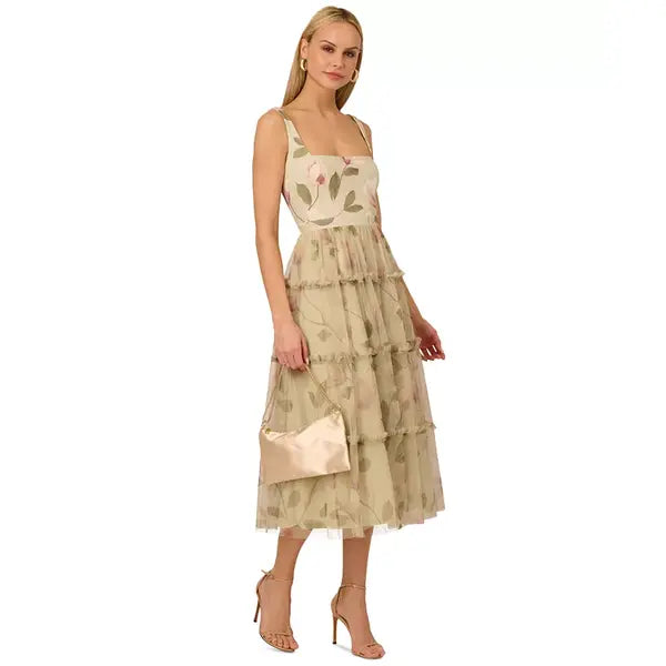 Adrianna Papell Women's Printed Tiered Sleeveless Midi Dress for Effortless Style