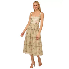 Adrianna Papell Women's Printed Tiered Sleeveless Midi Dress for Effortless Style