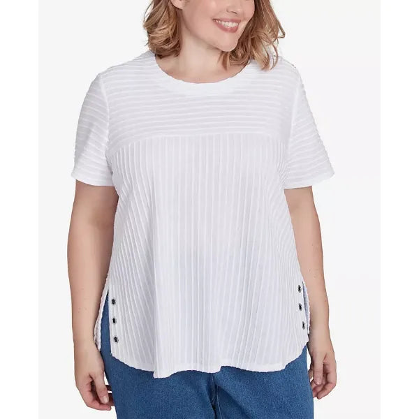 Alfred Dunner Plus Size Classic Solid Textured Short Sleeve Top, White