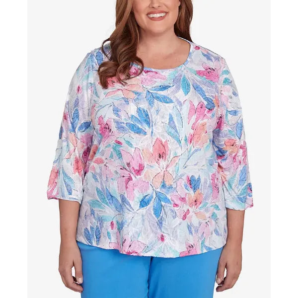 Alfred Dunner Plus Size Classic Floral Spray Crew Neck Top, Multi Purple