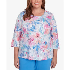 Alfred Dunner Plus Size Classic Floral Spray Crew Neck Top, Multi Purple