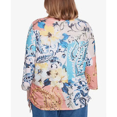 Alfred Dunner Plus Size Classic Floral Patch Drawstring Top , Navy Multi
