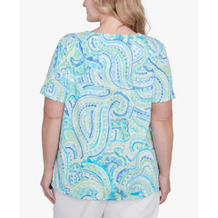 Alfred Dunner Plus Size Pleated Crew Neck Paisley Top, Multi Blue