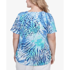 Alfred Dunner Plus Size Animal Printed Top with Ruched Sides, Blue , Size 1X