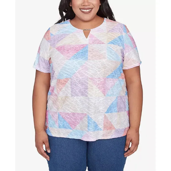 Alfred Dunner Plus Size Geometric Patchwork Crew Neck Top, Pastel