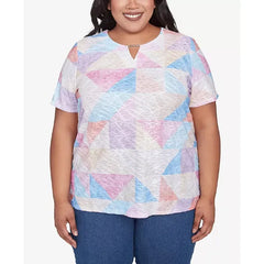 Alfred Dunner Plus Size Geometric Patchwork Crew Neck Top, Pastel