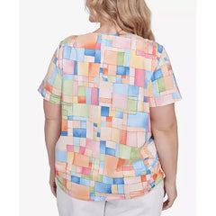 Alfred Dunner Plus Size Color Block Tile Top with Side Ruching, Pastel