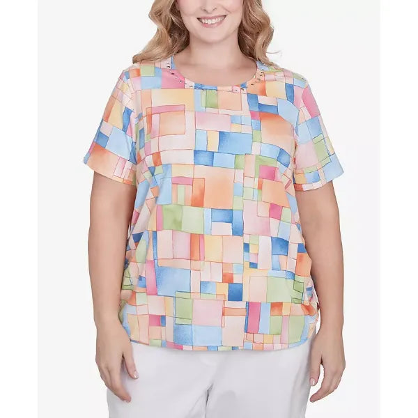 Alfred Dunner Plus Size Color Block Tile Top with Side Ruching, Pastel