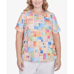 Alfred Dunner Plus Size Color Block Tile Top with Side Ruching, Pastel