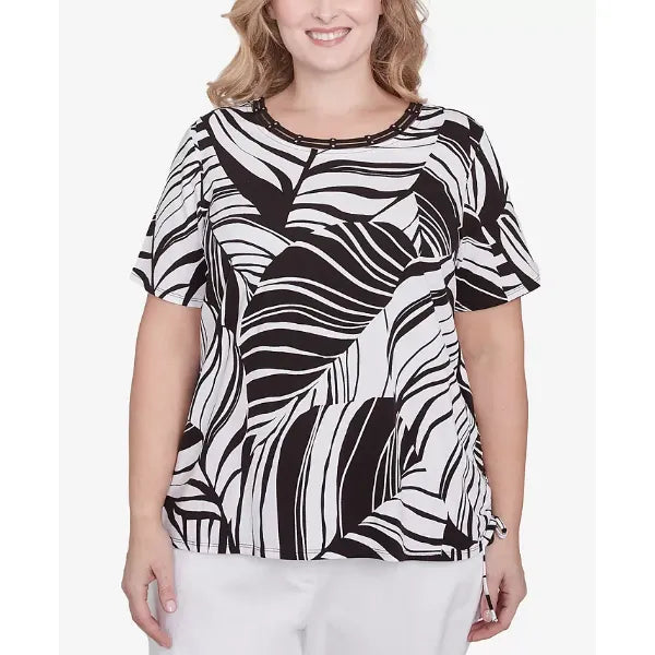 Alfred Dunner Plus Size Twisted Leaves Side Tie Top, Black/White