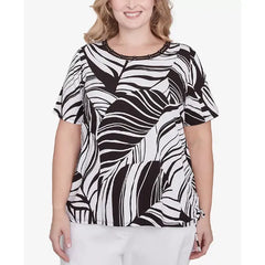 Alfred Dunner Plus Size Twisted Leaves Side Tie Top, Black/White
