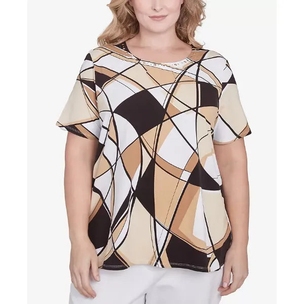 Alfred Dunner Plus Size Geometric Top with Detailed Neckline, Black/Tan