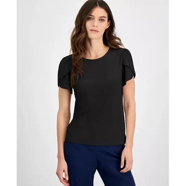 Anne Klein Womens Tulip Sleeve Crewneck Top, Stylish Elegant Casual Blouse