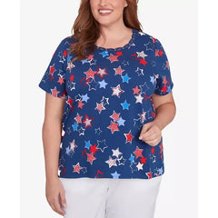 Alfred Dunner Plus Size Star Studded Crew Neck Top, Navy, Size 1X
