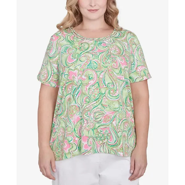Alfred Dunner Plus Size Abstract Scroll Crew Neck Top, Green