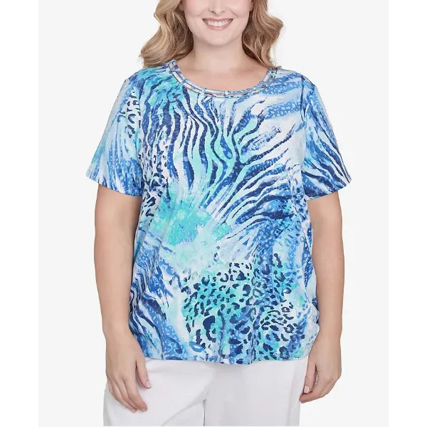 Alfred Dunner Plus Size Animal Printed Top with Ruched Sides, Blue , Size 1X